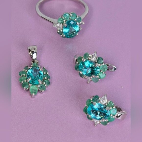 925 Sterling Silver Jewelry Set with Natural Apatite & Emerald - Picture 2 of 11